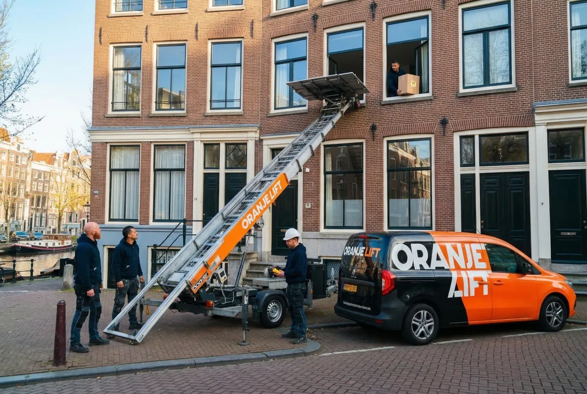 Aanhangerlift ingezet bij grachtenpand in het centrum voor verhuizing
