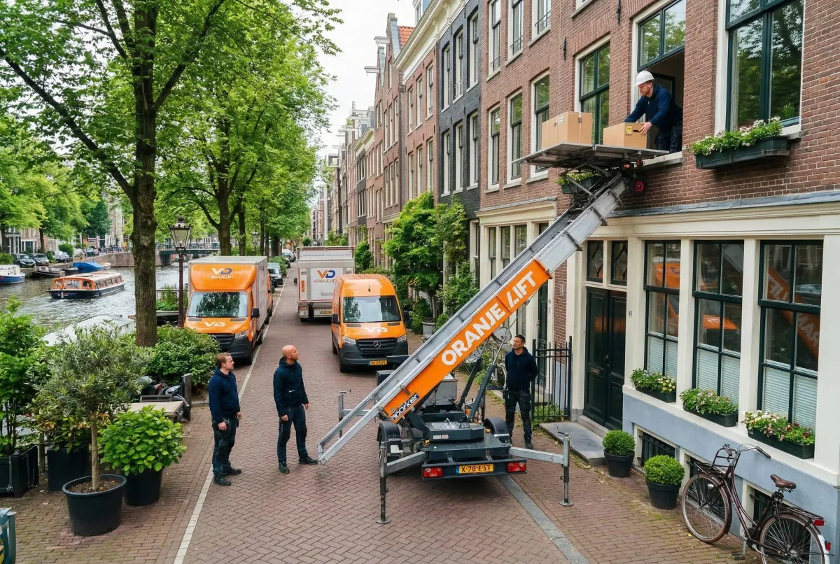 Aanhangerlift in actie bij Amsterdamse gracht