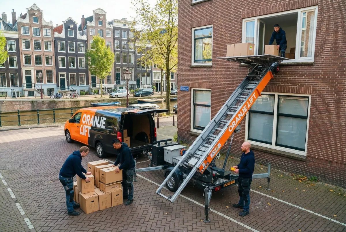 Aanhangerlift in een woonstraat terwijl meubels worden verhuisd