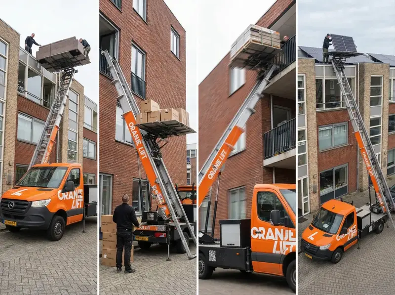 Bovenaanzicht van ladderlift platform terwijl meubels worden geladen