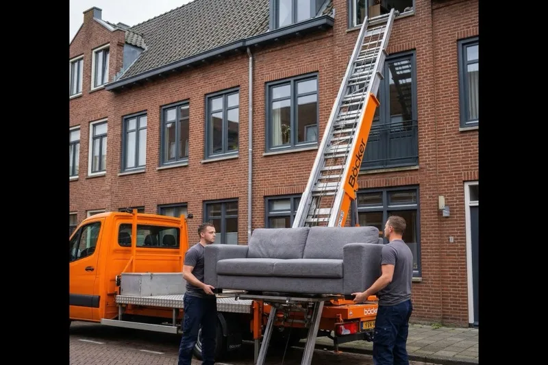 Verhuislift wordt geladen met een bank in Leiden
