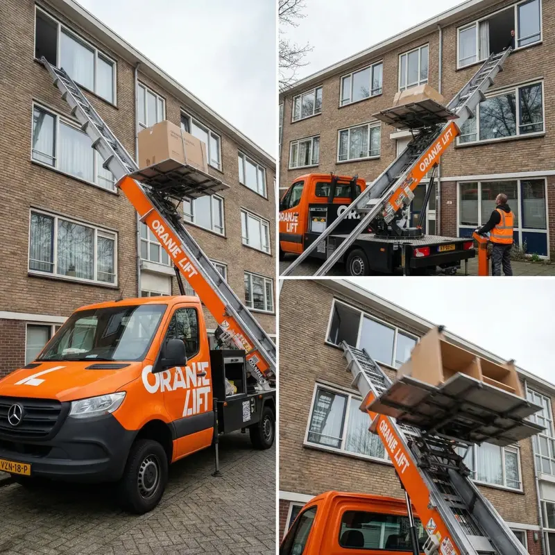 Verhuislift langs hoog flatgebouw met uitgeschoven ladder