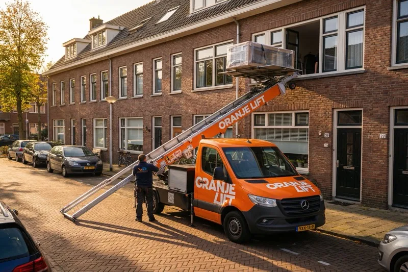 Verhuislift bij rijtjeshuis met pakket op het platform in Delft